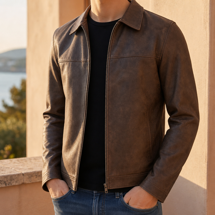 Men's Distressed Zip Leather Jacket