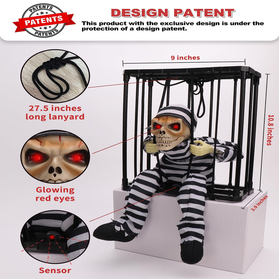 Halloween's Motion-Sensor Animated Skull Prisoner with Red LED Eyes