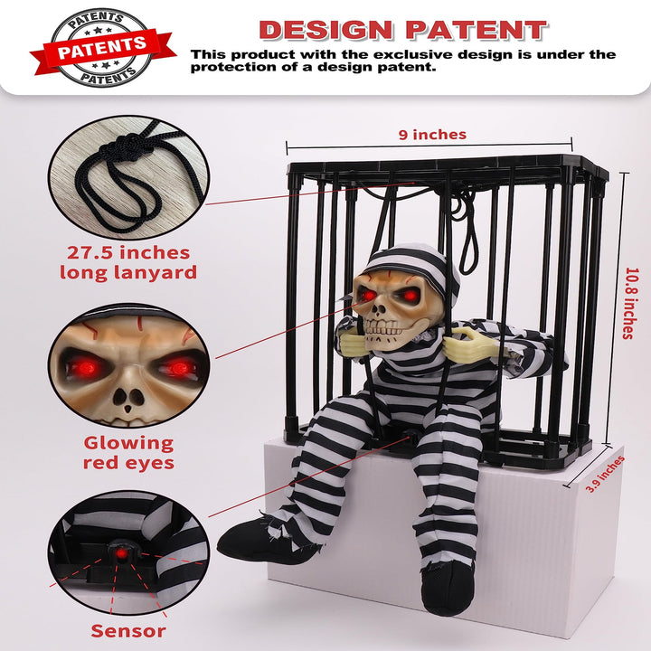 Halloween's Motion-Sensor Animated Skull Prisoner with Red LED Eyes