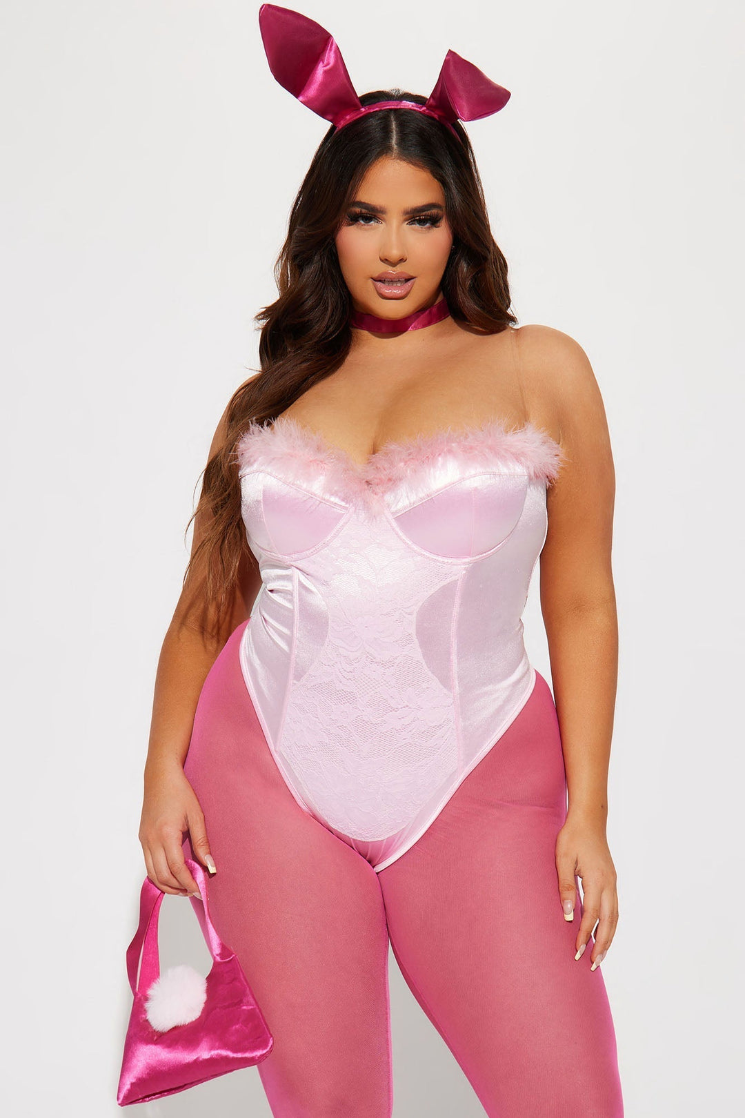 Halloween's Cute Pink Bunny Costume Set with Faux Fur Bodysuit & Accessories