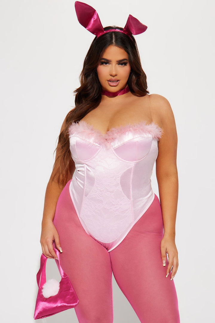 Halloween's Cute Pink Bunny Costume Set with Faux Fur Bodysuit & Accessories