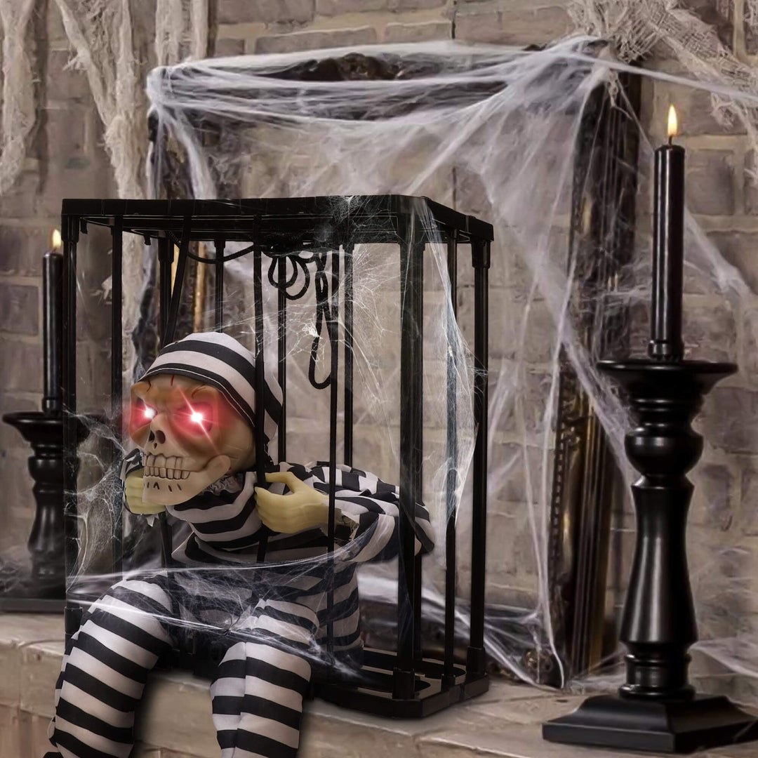 Halloween's Motion-Sensor Animated Skull Prisoner with Red LED Eyes