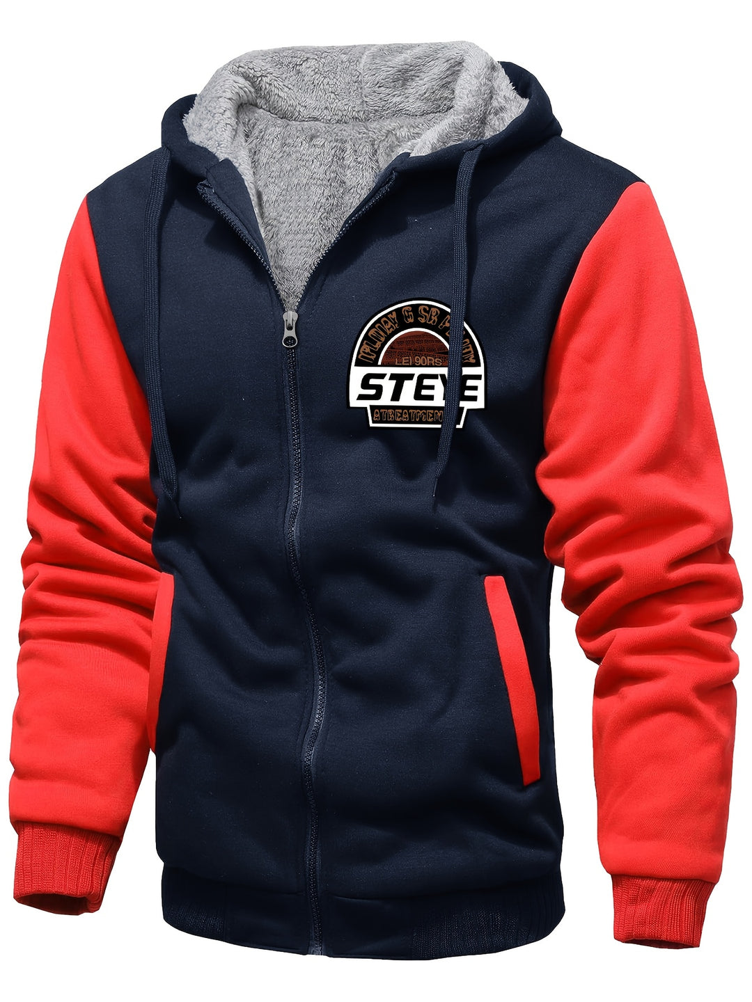 Men's Warm Fleece Hooded Jacket, Casual Color Block Coat for Winter
