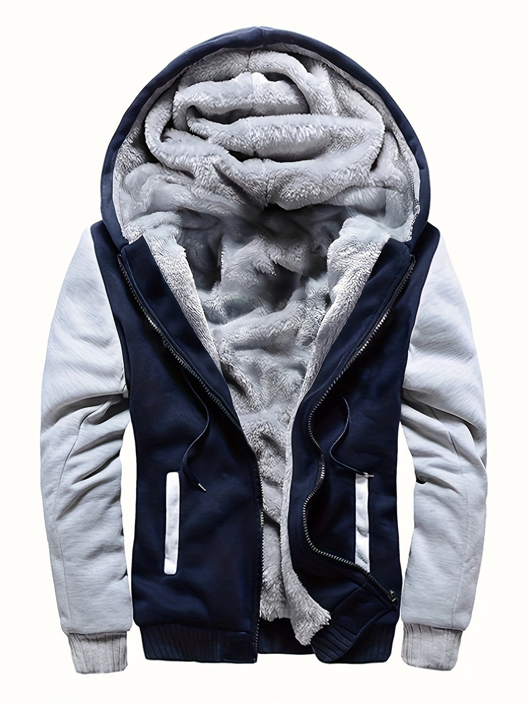 Men's Warm Fleece Hooded Jacket, Casual Color Block Coat for Winter