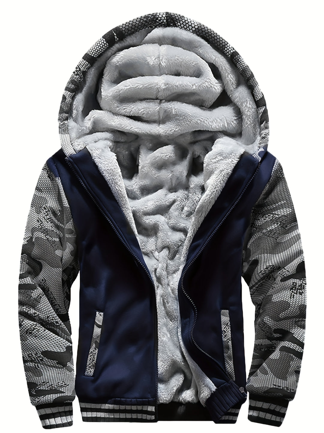 Men's Warm Fleece Hooded Jacket, Casual Color Block Coat for Winter