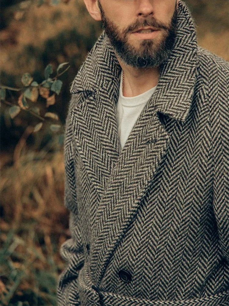 Men's Long Herringbone Pattern Coat for Stylish Winter Wear