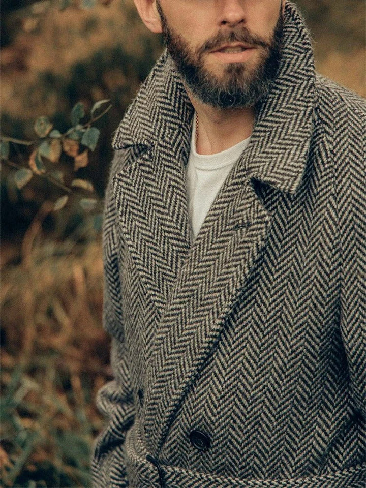Men's Long Herringbone Pattern Coat for Stylish Winter Wear