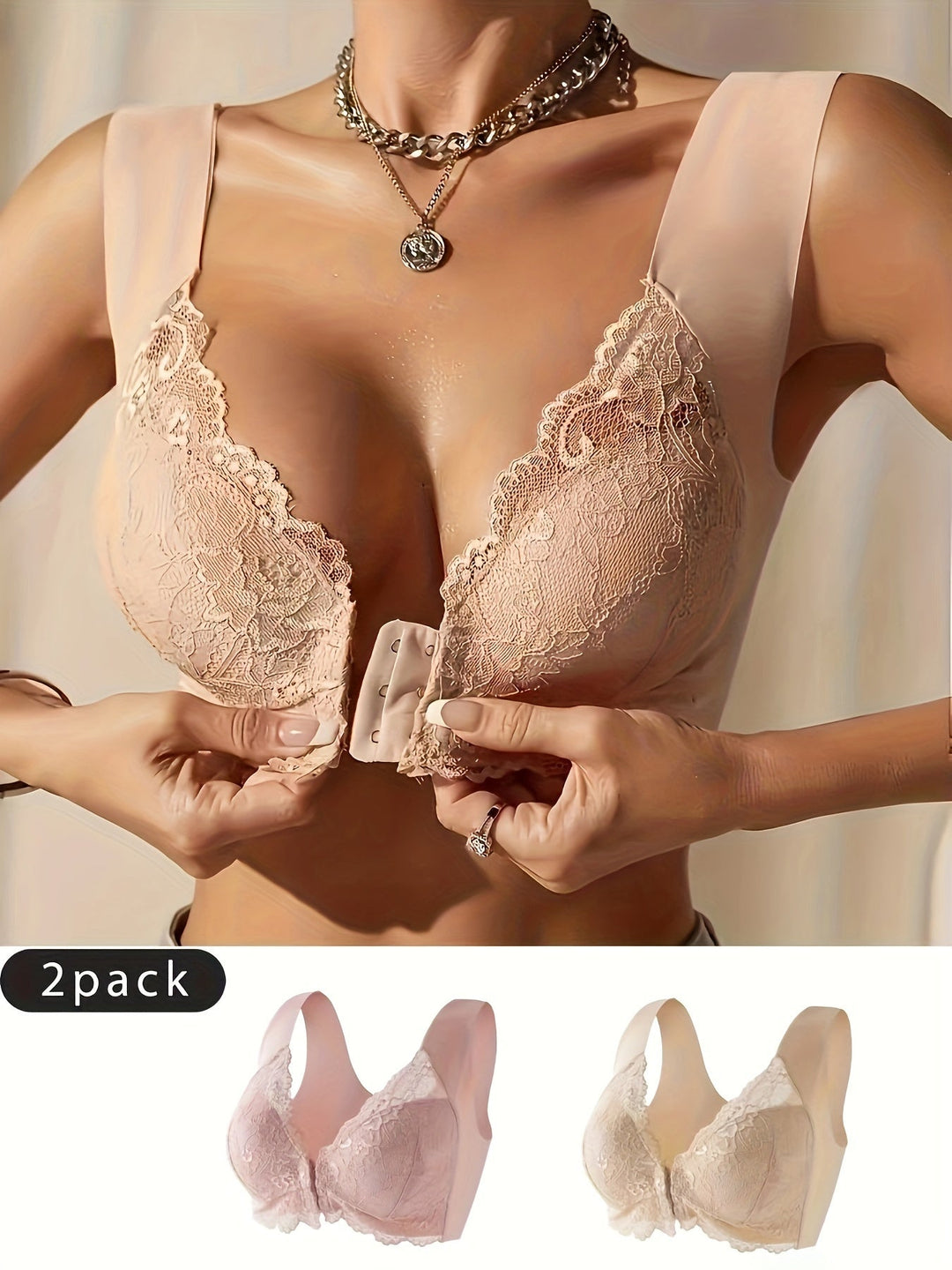 Women's Set of 2 Front Closure Bras with Lace Details for Comfort