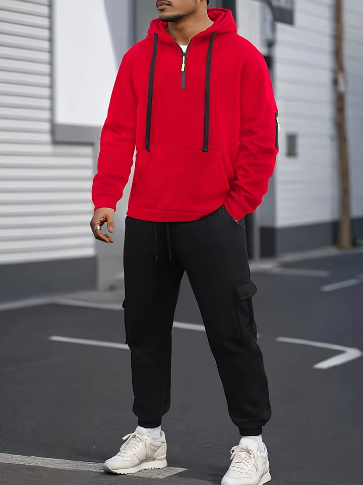 Men's Solid Color Half-Zip Long Sleeve Casual Hoodie with Pocket