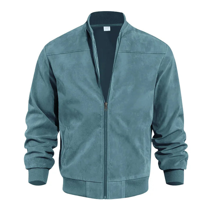 Men's Suede Bomber Jacket with Stand Collar for Casual Wear