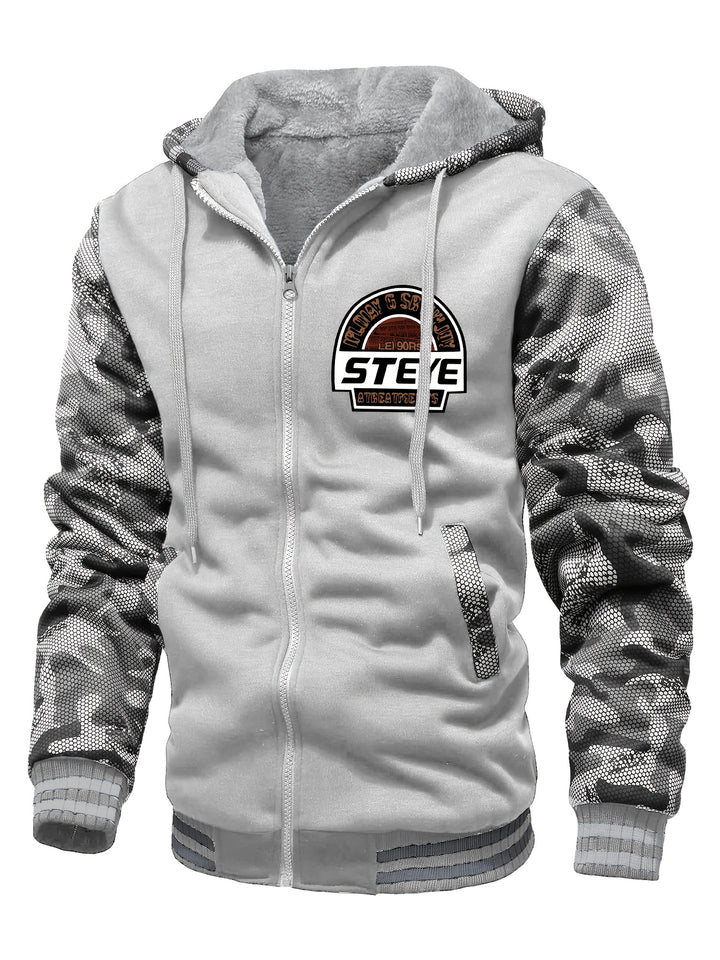 Men's Warm Fleece Hooded Jacket, Casual Color Block Coat for Winter