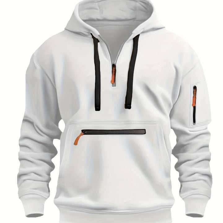 Men's Solid Color Half-Zip Long Sleeve Casual Hoodie with Pocket
