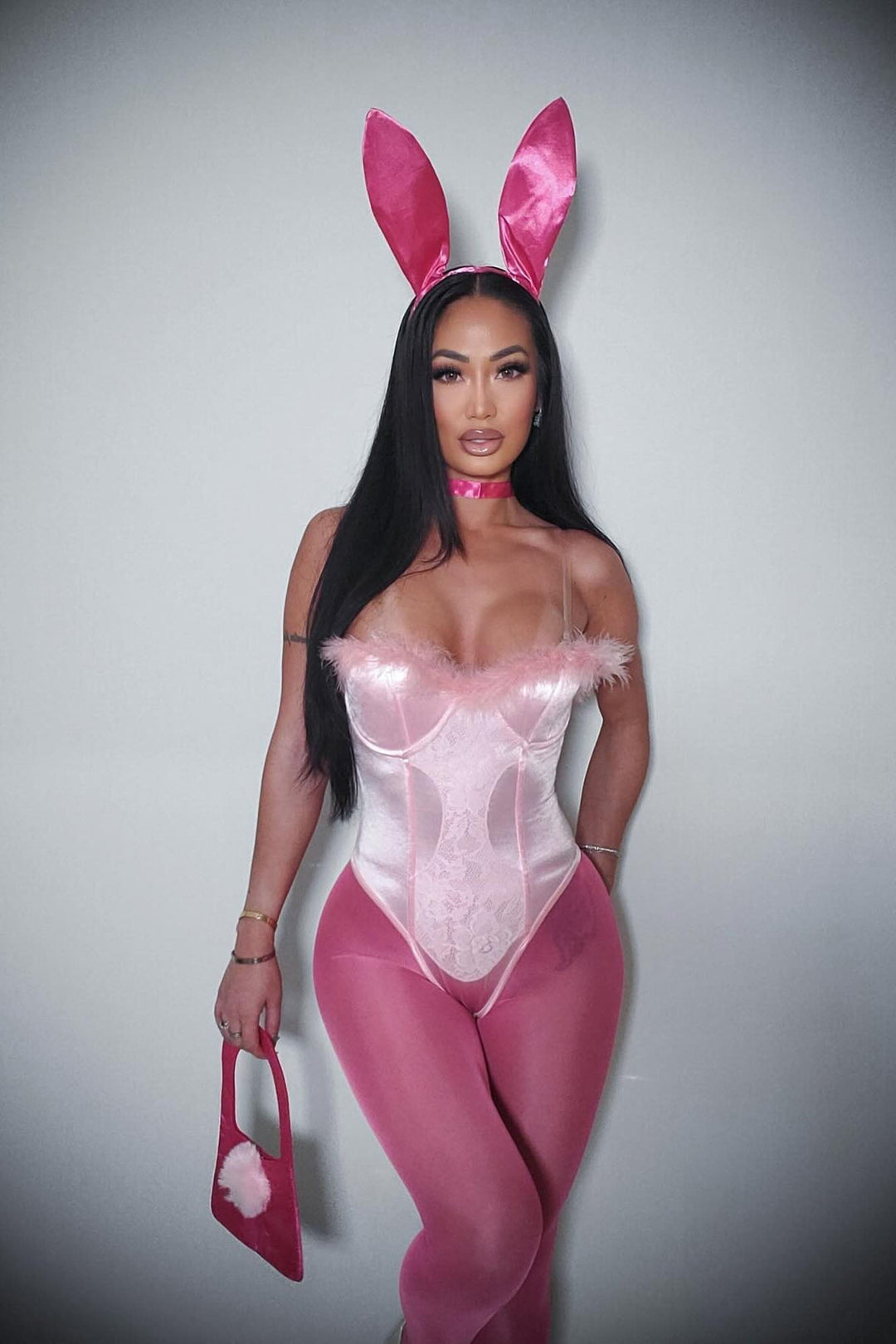 Halloween's Cute Pink Bunny Costume Set with Faux Fur Bodysuit & Accessories