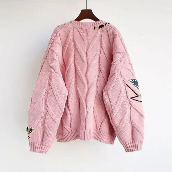 Women's Knitted V-Neck Cardigan with Patchwork Embroidery