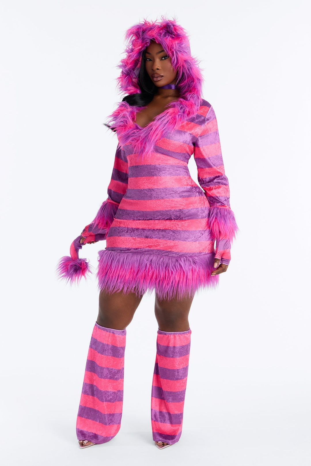 Halloween's Fuzzy Pink Kitty Costume with Hood, Gloves, and Leg Warmers