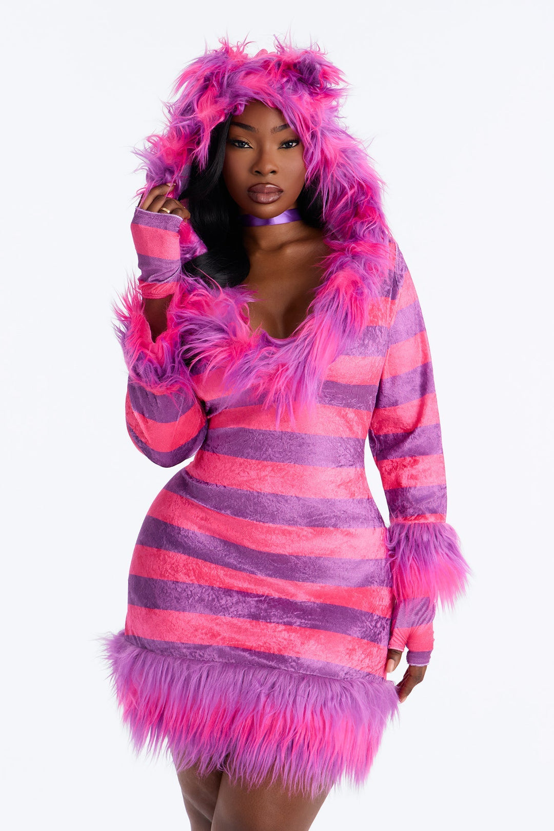 Halloween's Fuzzy Pink Kitty Costume with Hood, Gloves, and Leg Warmers