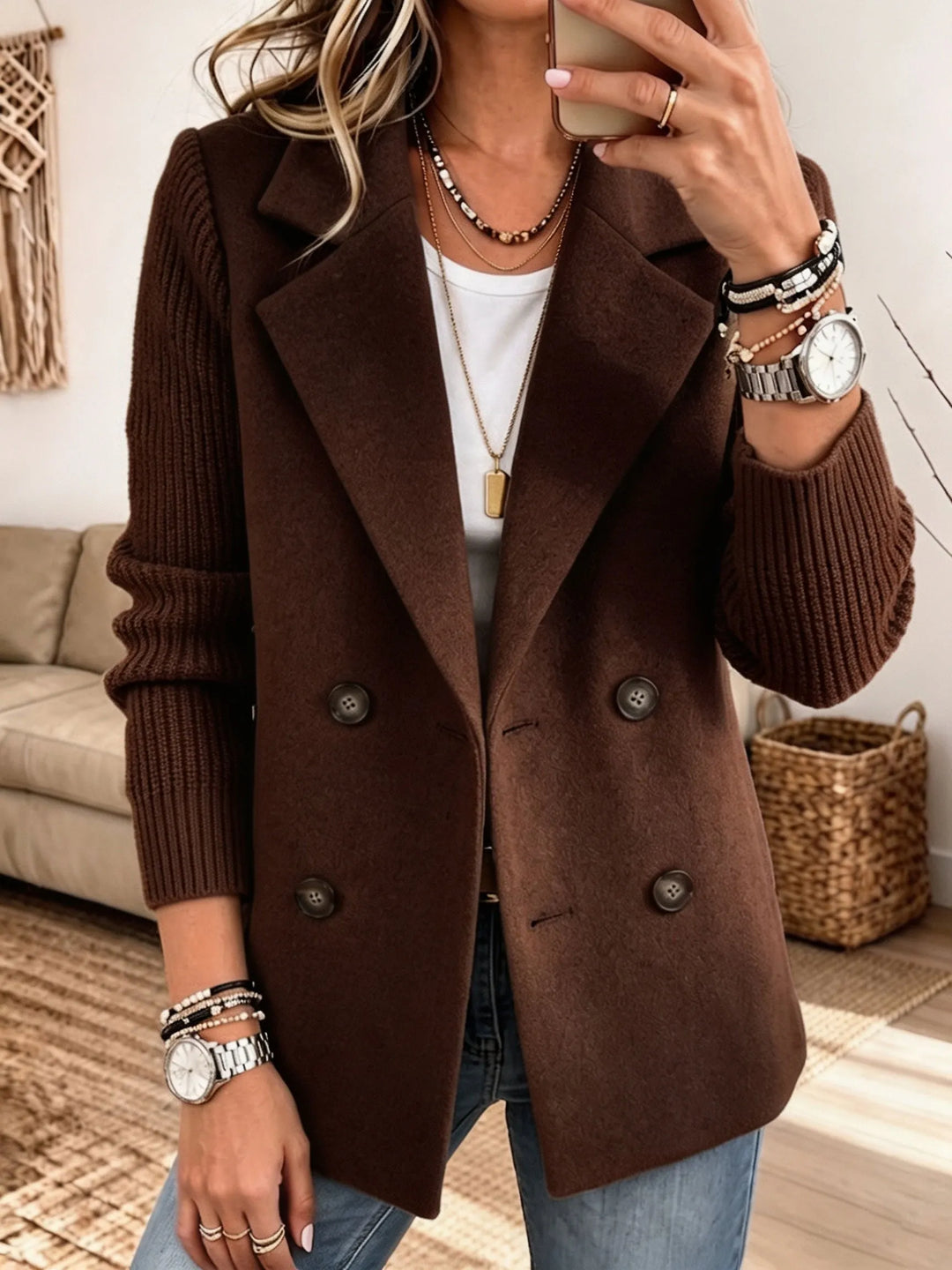 Women's Double-Breasted Blazer with Ribbed Knit Sleeves