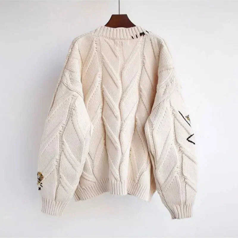 Women's Knitted V-Neck Cardigan with Patchwork Embroidery