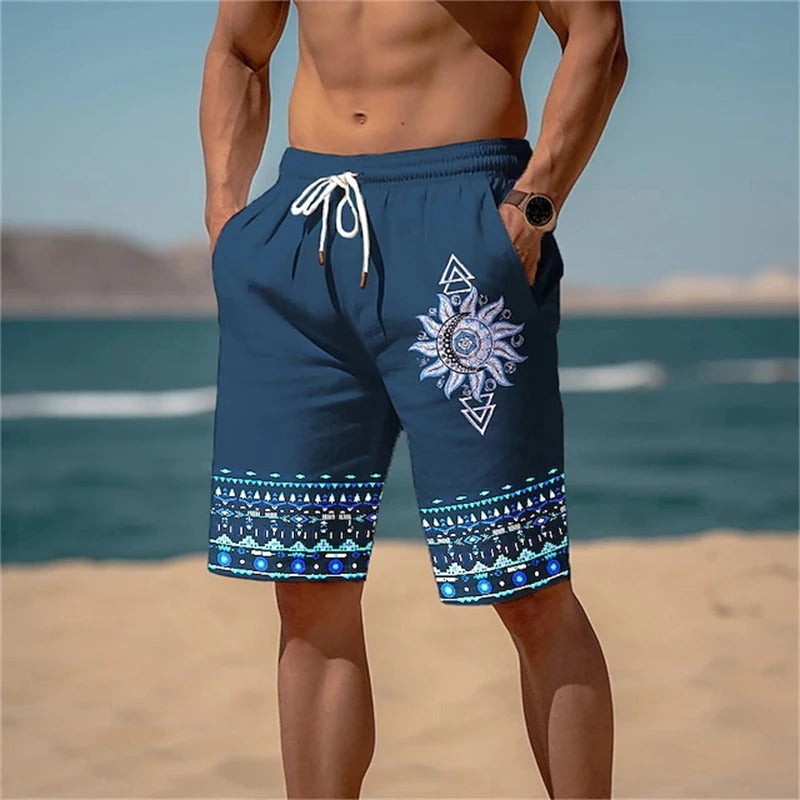 Men's Printed Beach Shorts with Solar Motif for Summer Fun