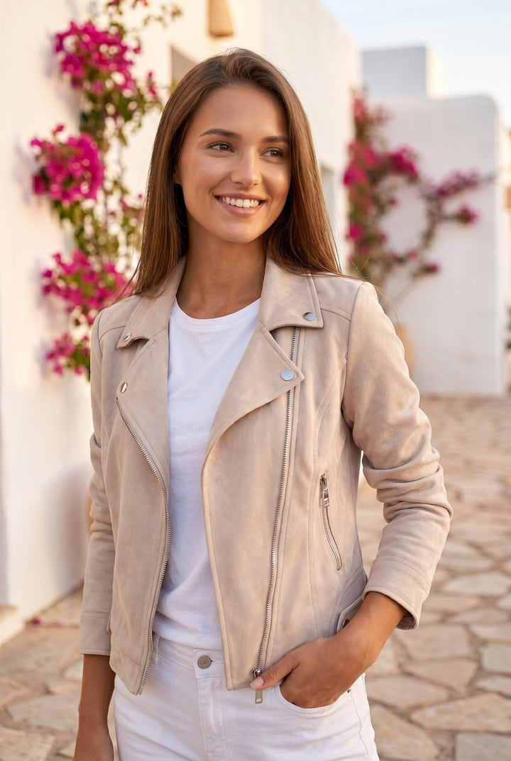Women's Suede Biker Jacket - Tailored Fit for Year-Round Style