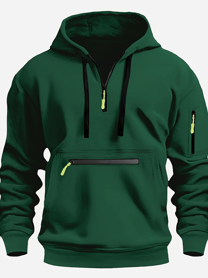 Men's Solid Color Half-Zip Long Sleeve Casual Hoodie with Pocket