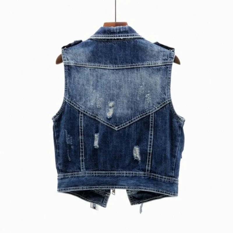 Men's Edgy Stylish Distressed Denim Moto Vest