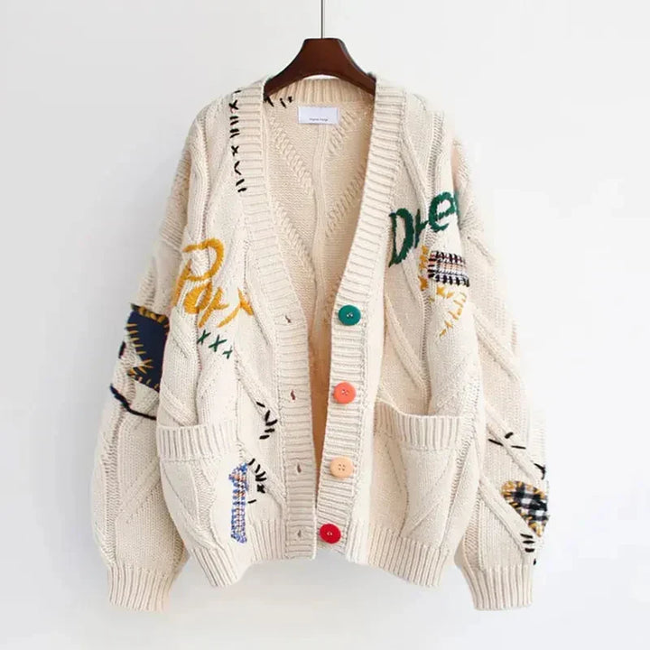 Women's Knitted V-Neck Cardigan with Patchwork Embroidery
