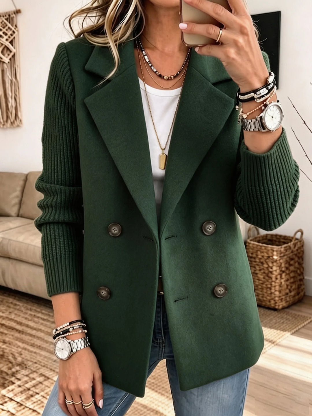 Women's Double-Breasted Blazer with Ribbed Knit Sleeves