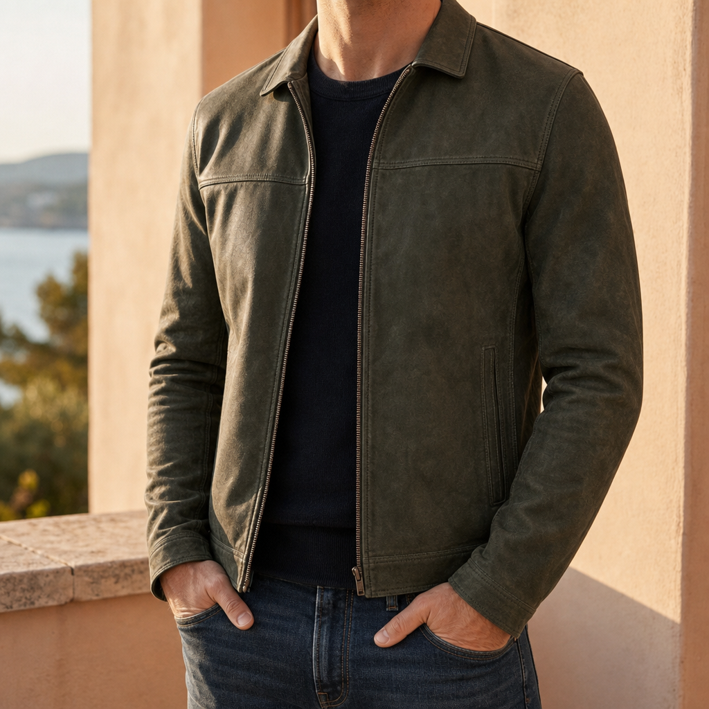 Men's Distressed Zip Leather Jacket