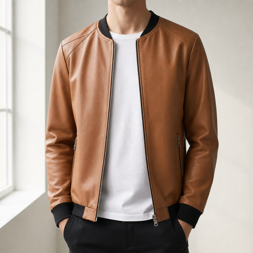 Men's Faux Leather Bomber Jacket