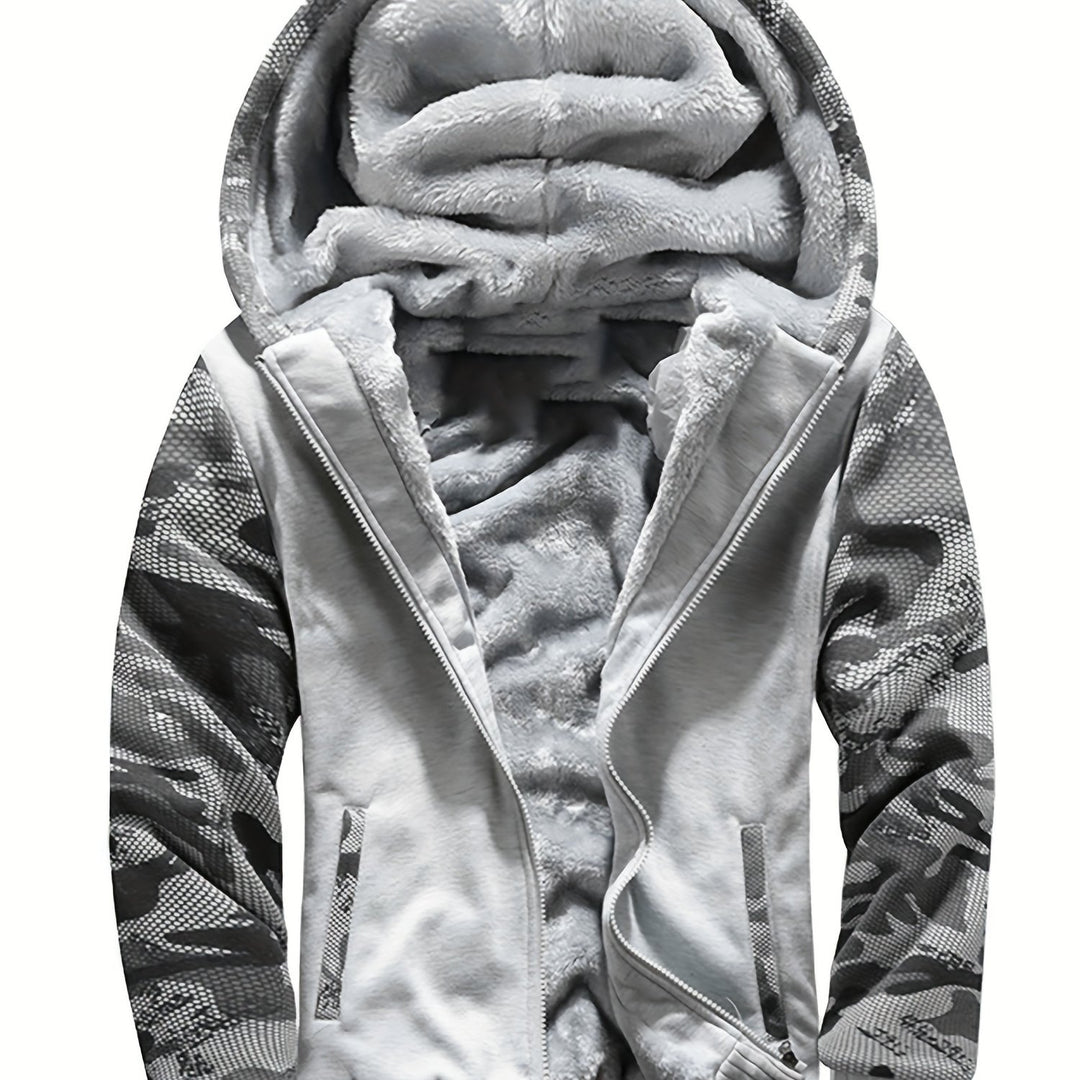 Men's Warm Fleece Hooded Jacket, Casual Color Block Coat for Winter