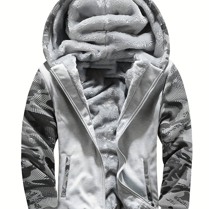 Men's Warm Fleece Hooded Jacket, Casual Color Block Coat for Winter