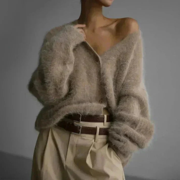 Women's Stylish Cozy Dove Grey V-Neck Cardigan