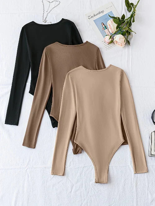 Women's 3-Pack Casual Long Sleeve Bodysuits