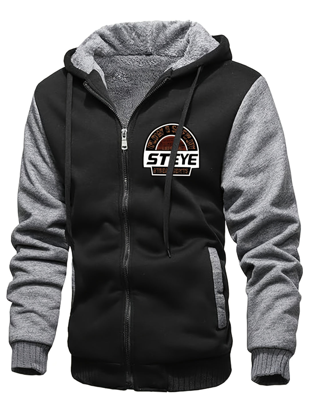 Men's Warm Fleece Hooded Jacket, Casual Color Block Coat for Winter