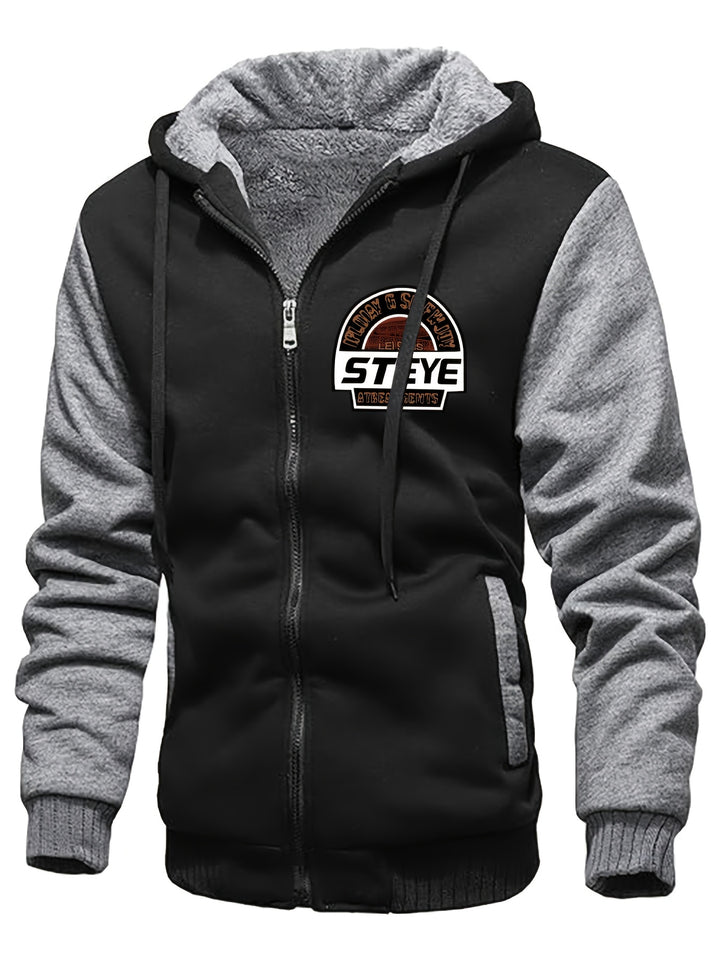 Men's Warm Fleece Hooded Jacket, Casual Color Block Coat for Winter