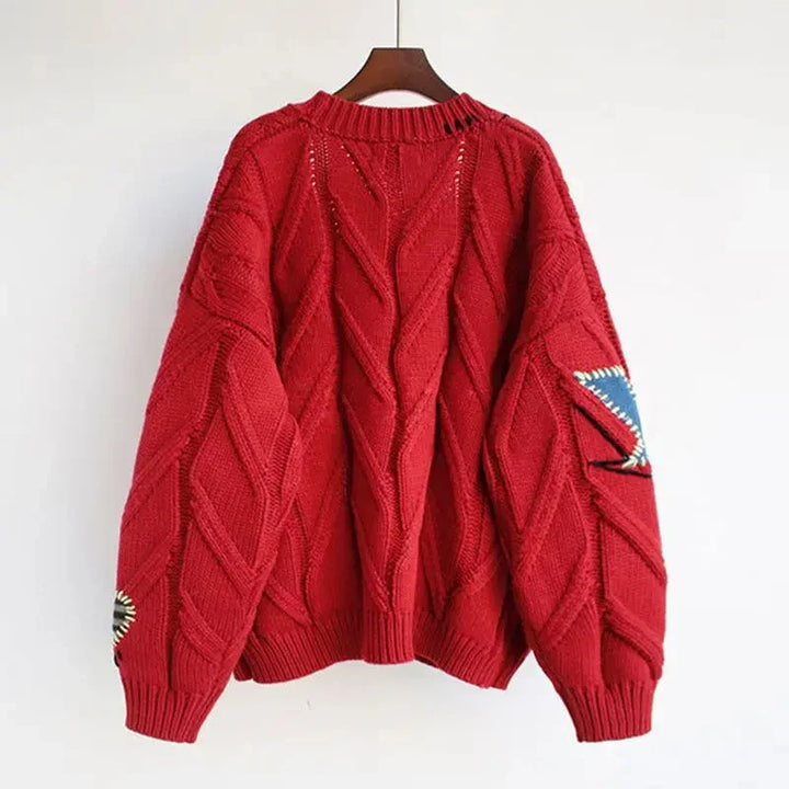 Women's Knitted V-Neck Cardigan with Patchwork Embroidery