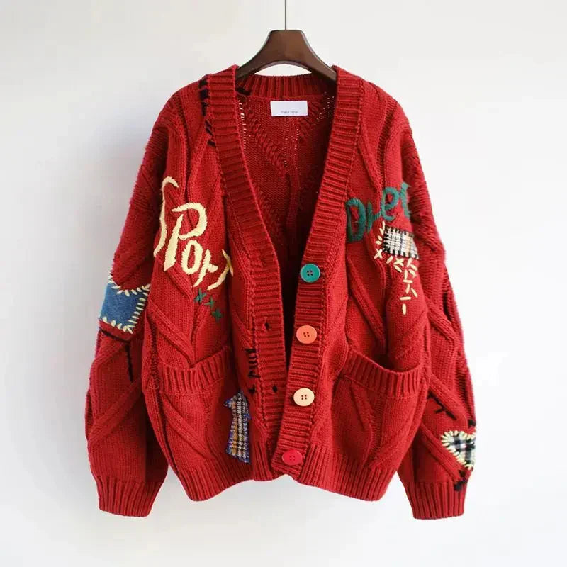 Women's Knitted V-Neck Cardigan with Patchwork Embroidery