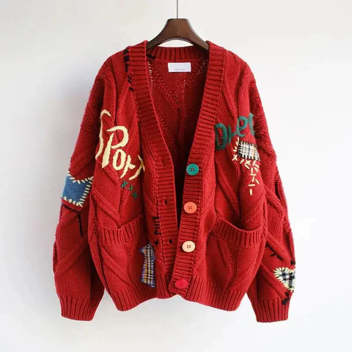 Women's Knitted V-Neck Cardigan with Patchwork Embroidery