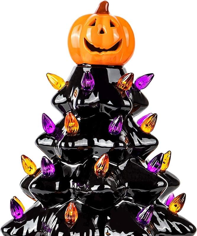 Halloween's LED Ceramic Holiday Tree with Purple Orange Beads