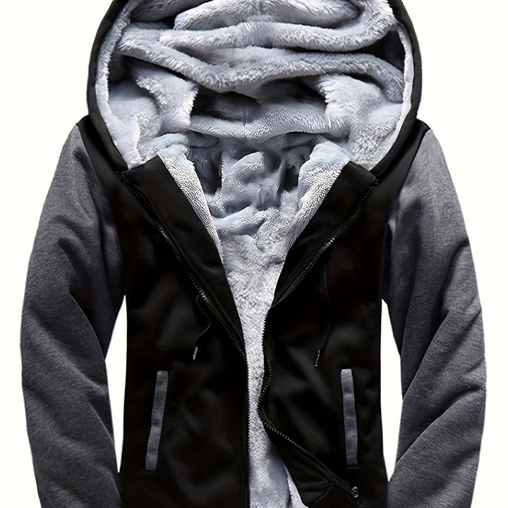 Men's Warm Fleece Hooded Jacket, Casual Color Block Coat for Winter