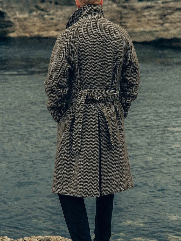 Men's Long Herringbone Pattern Coat for Stylish Winter Wear