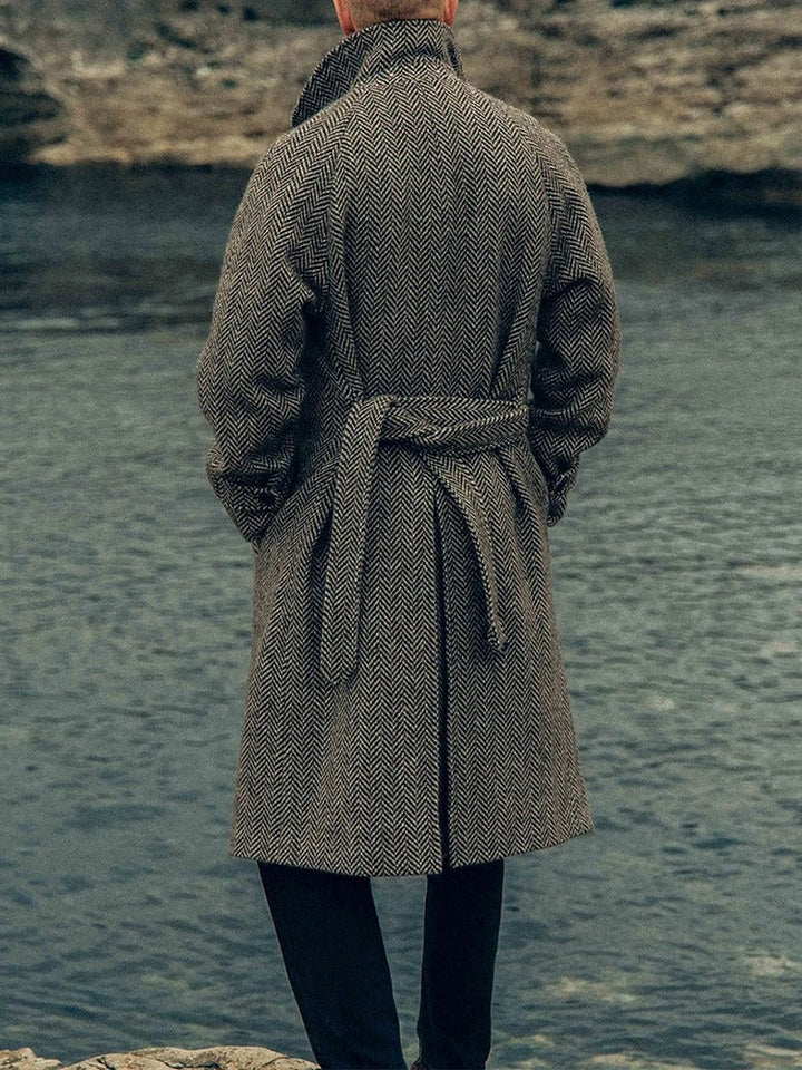 Men's Long Herringbone Pattern Coat for Stylish Winter Wear