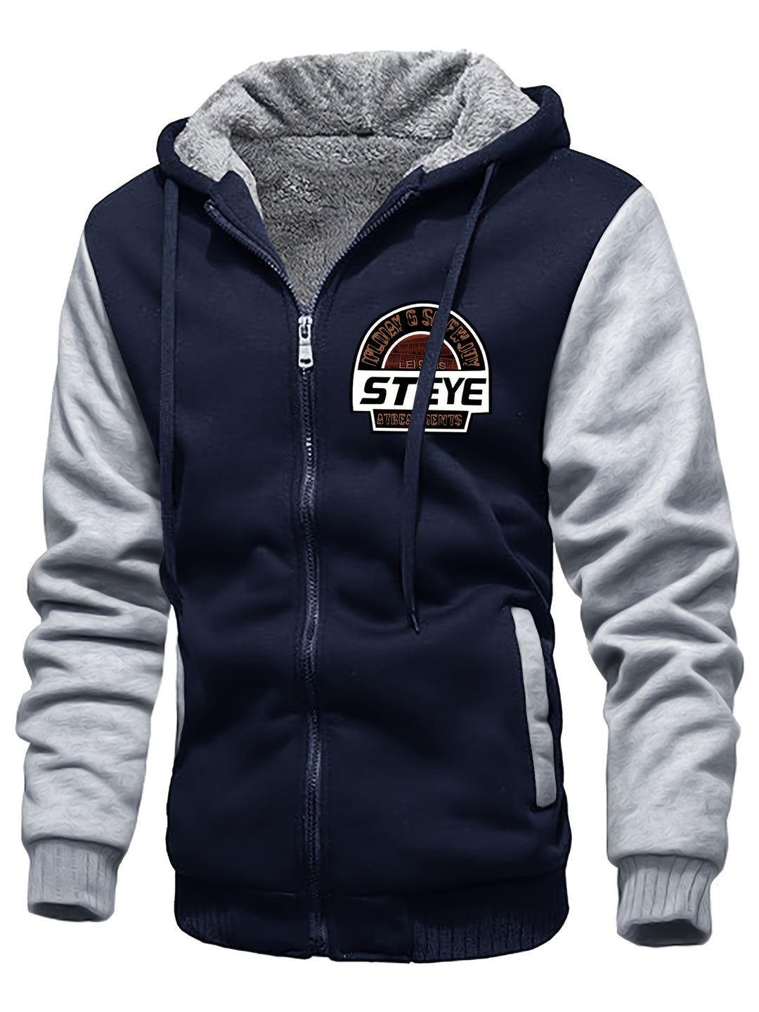 Men's Warm Fleece Hooded Jacket, Casual Color Block Coat for Winter