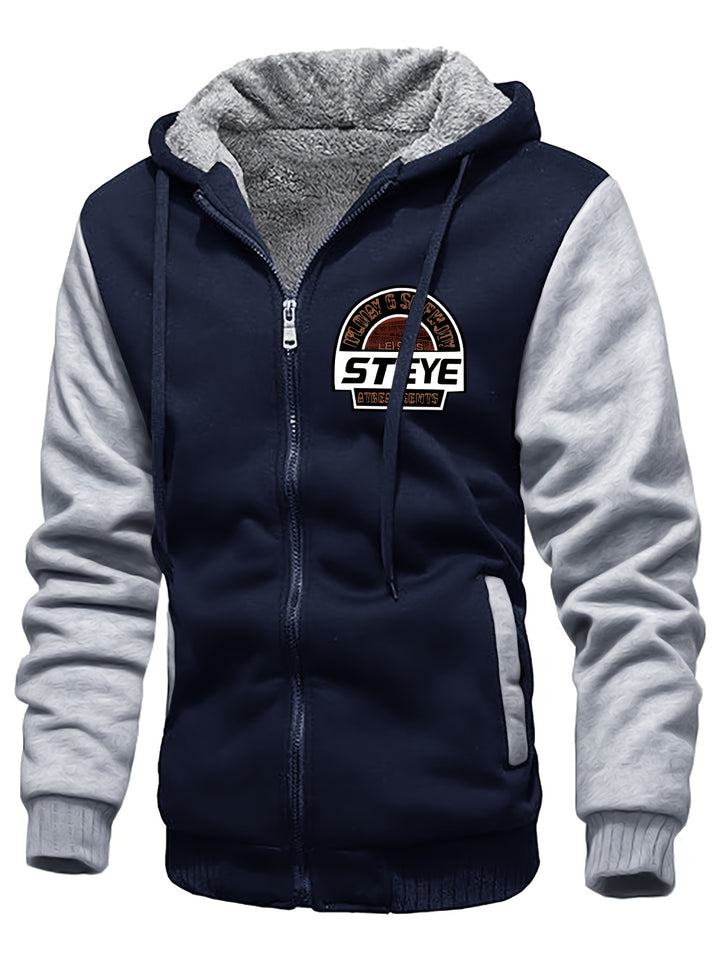 Men's Warm Fleece Hooded Jacket, Casual Color Block Coat for Winter