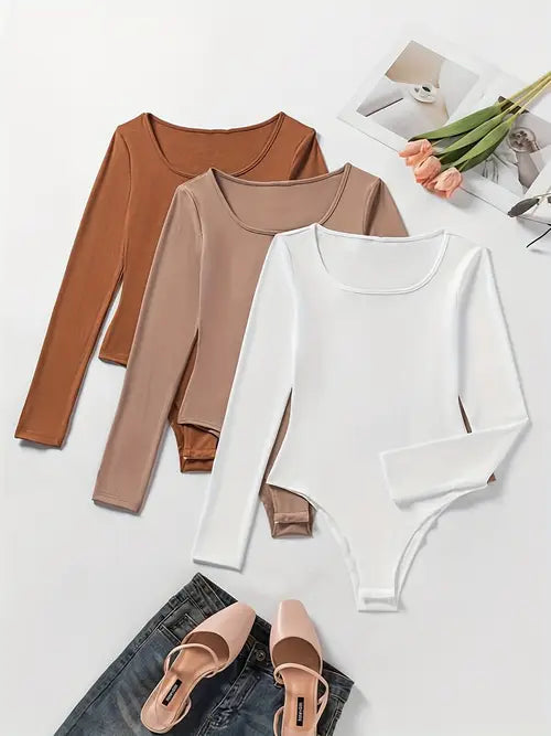Women's 3-Pack Casual Long Sleeve Bodysuits