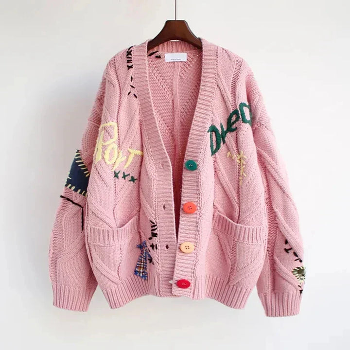 Women's Knitted V-Neck Cardigan with Patchwork Embroidery