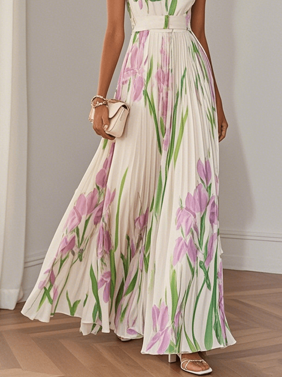 Marie | Women's White Floral Chiffon Pleated Maxi Dress-Trendy 4 Fit