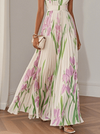 Marie | Women's White Floral Chiffon Pleated Maxi Dress-Trendy 4 Fit
