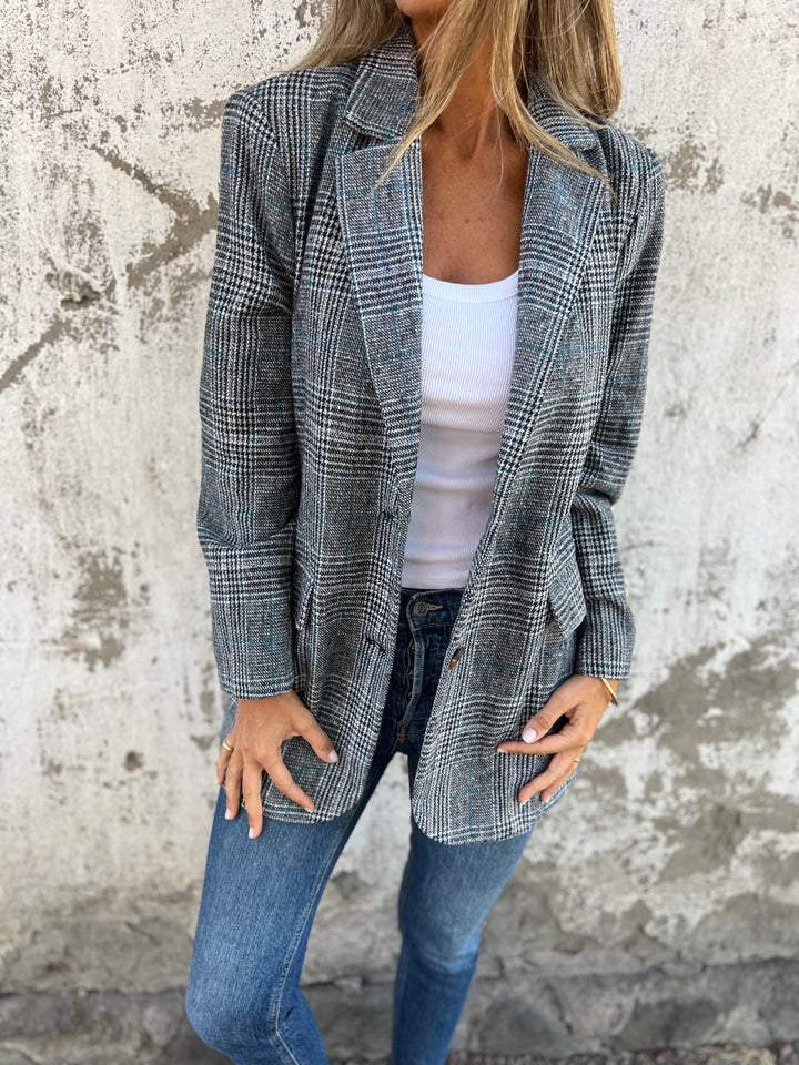 Women's Plaid Single-Breasted Blazer with Notch Lapel & Pockets
